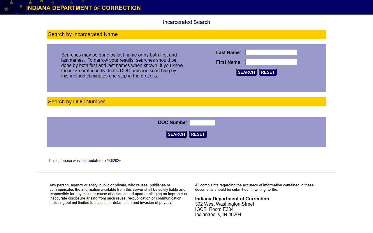 Perry County inmate records Indiana DOC offender locator