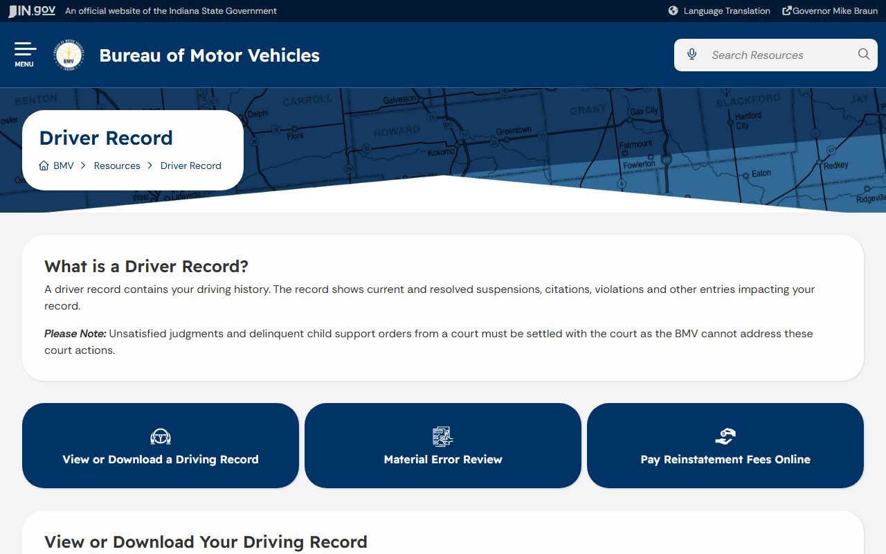 Perry County traffic court records Indiana BMV driver record page